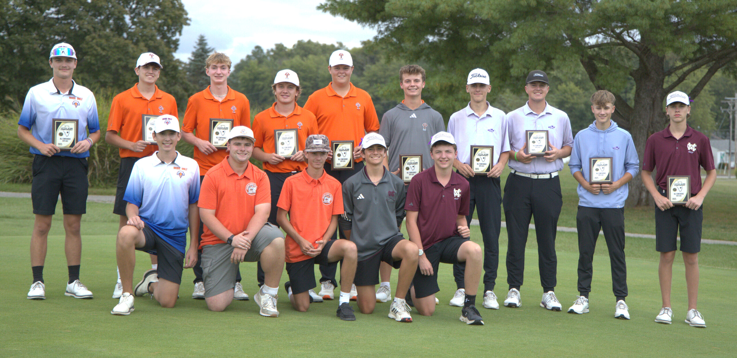 All-Conference Boys Golf Team. The Second Team is kneeling in the front row. The First Team is standing. (LIC photo).