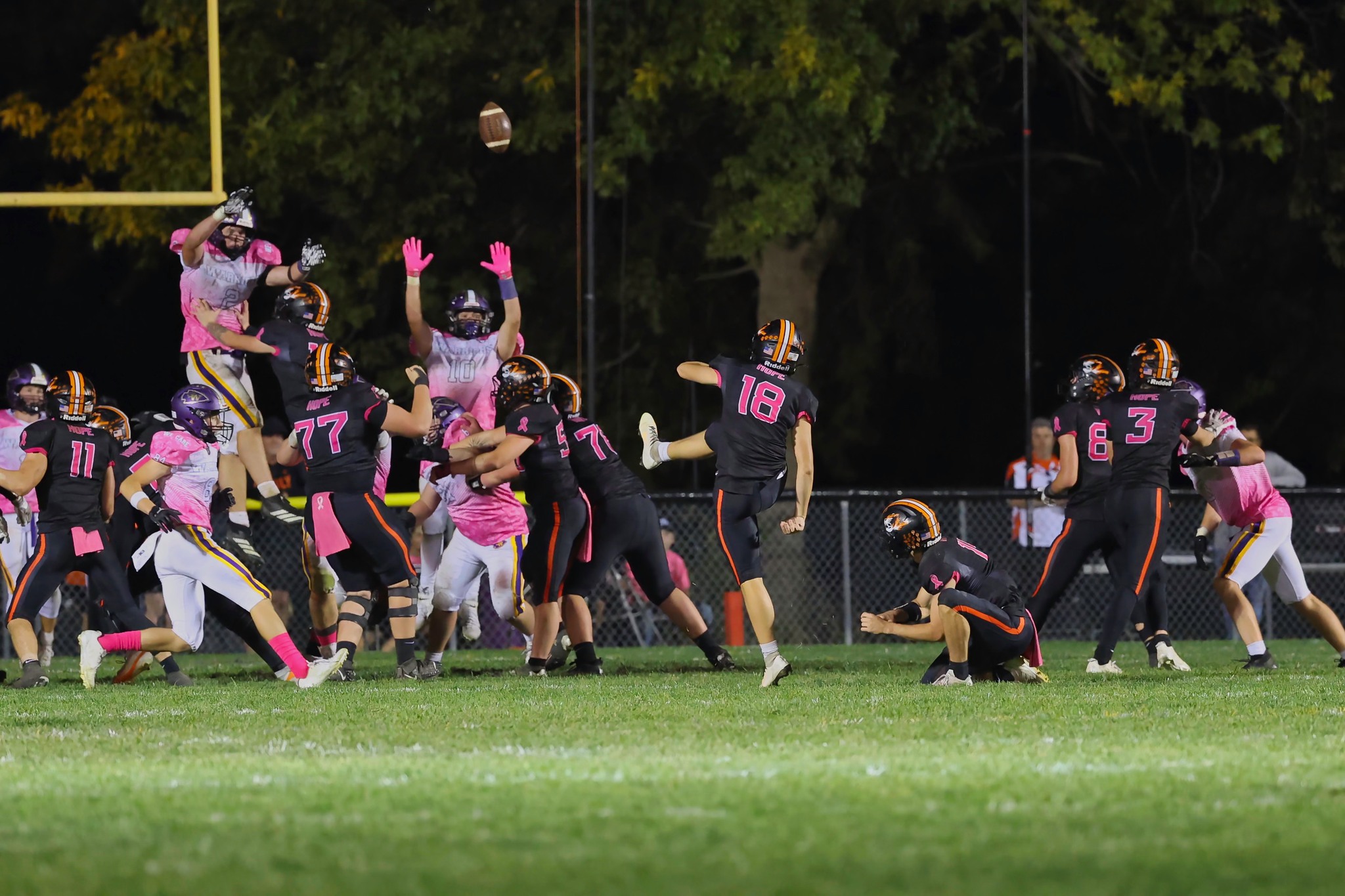 Casey-Westfield tries to block this kick by Olney's Owen Kocher (18) during an LIC game on Oct. 17 (Photo by Dave Rohr).