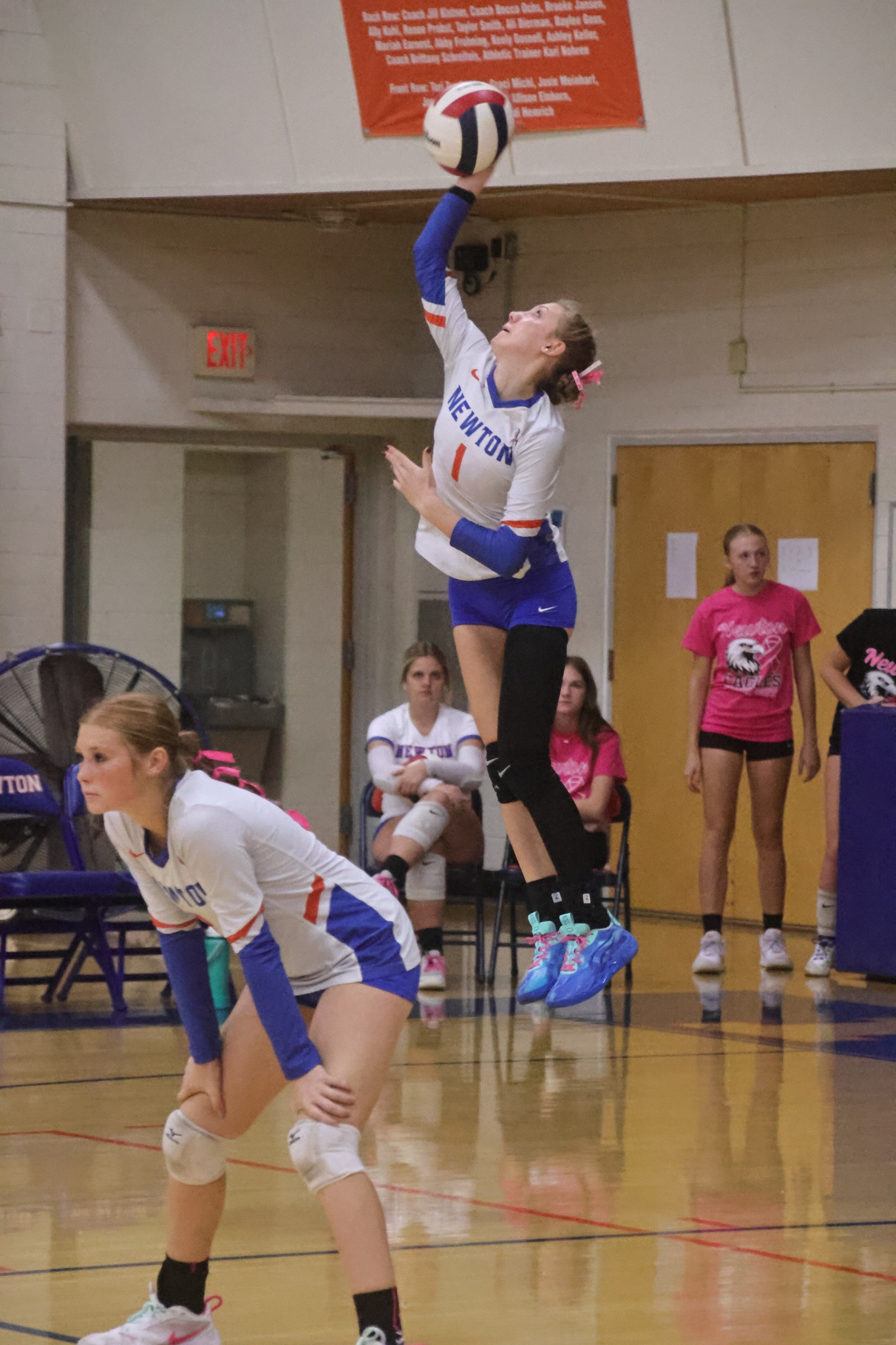 Newton's Stella Shackmann (1) serves against Olney (photo by Jasper County Daily News).