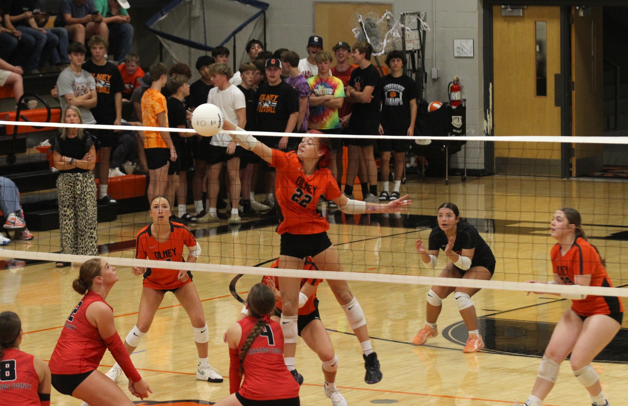 Olney's Naleigha Harrison goes for the kill against Edwards County (Photo by Hometown Register).